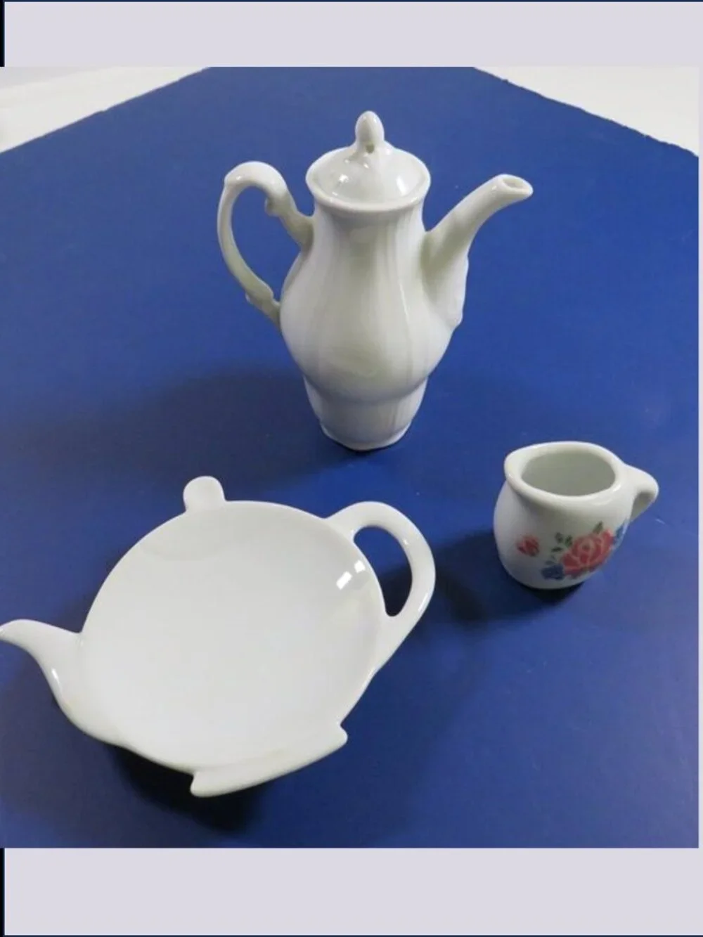 VTG Mini Tea Set Trio: White Porcelain Tea Bag Rest, Tall Ornament & Rose Cream
